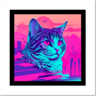 Vaporwave Retrowave Synthwave Cat Vintage Sunset Posters and Art